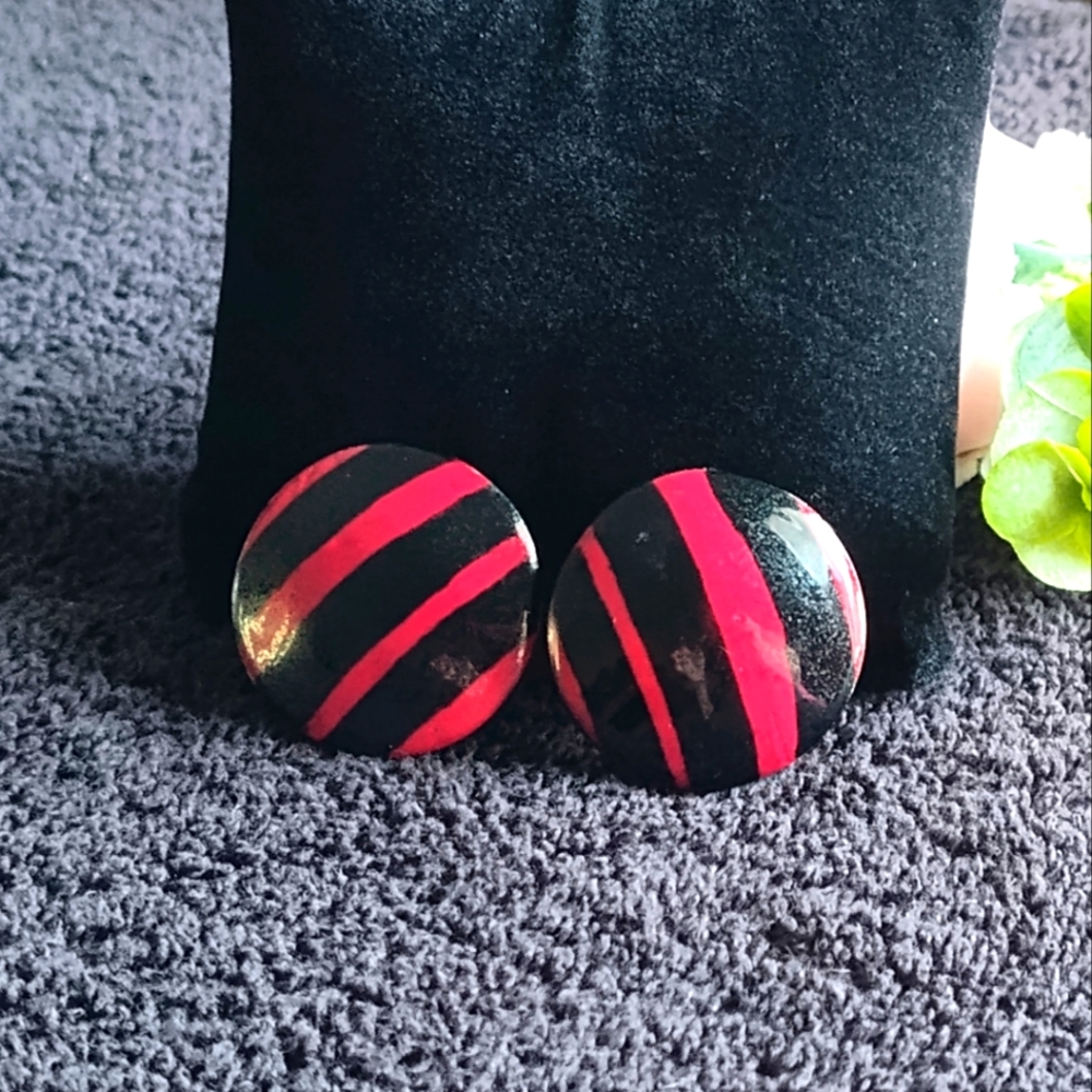 Vintage Red and Black Striped Wooden Post Earrings